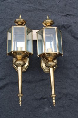 Large Italian Brass Wall Lanterns and Molated Windows, 1970s, Set of 2-EH-1278151