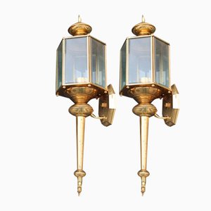 Large Italian Brass Wall Lanterns and Molated Windows, 1970s, Set of 2-EH-1278151