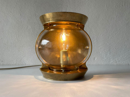 Large Italian Bronze & Rectangle Round Glass Ship Wall Lamp, 1950s