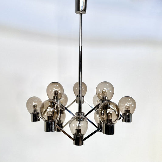 Large Italian Chromed 3d-Grid-Structure Chandelier with 12 Smoked Glass Domes, 1960s