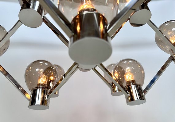 Large Italian Chromed 3d-Grid-Structure Chandelier with 12 Smoked Glass Domes, 1960s-JP-1818327