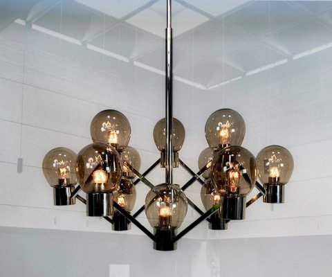 Large Italian Chromed 3d-Grid-Structure Chandelier with 12 Smoked Glass Domes, 1960s-JP-1818327