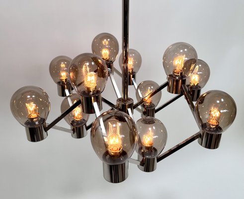 Large Italian Chromed 3d-Grid-Structure Chandelier with 12 Smoked Glass Domes, 1960s-JP-1818327