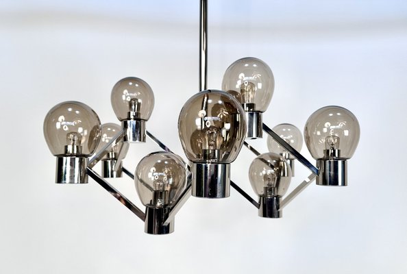 Large Italian Chromed 3d-Grid-Structure Chandelier with 12 Smoked Glass Domes, 1960s-JP-1818327