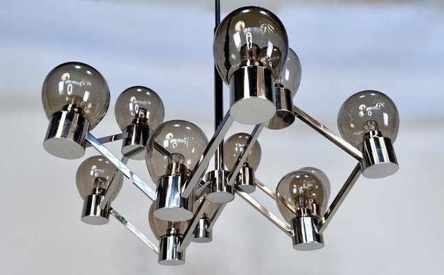 Large Italian Chromed 3d-Grid-Structure Chandelier with 12 Smoked Glass Domes, 1960s-JP-1818327