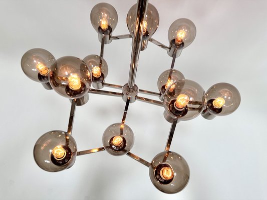 Large Italian Chromed 3d-Grid-Structure Chandelier with 12 Smoked Glass Domes, 1960s-JP-1818327