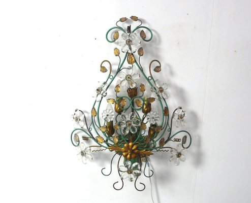 Large Italian Florentine Style Wall Sconce in Green Metal with Crystal Flowers, 1960s-HIZ-1780788