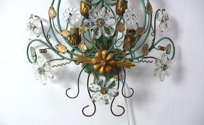 Large Italian Florentine Style Wall Sconce in Green Metal with Crystal Flowers, 1960s-HIZ-1780788