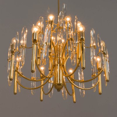 Large Italian Gold Brass & Crystal Glass Chandelier by Gaetano Sciolari, 1970s-UE-1279062