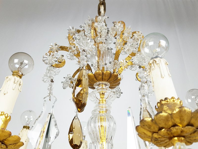 Large Italian Gold Leaf Metal and Faceted Crystal 12-Light Chandelier, 1930s