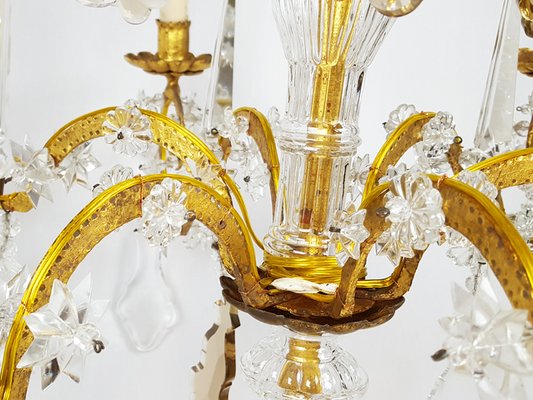 Large Italian Gold Leaf Metal and Faceted Crystal 12-Light Chandelier, 1930s-RD-1718048