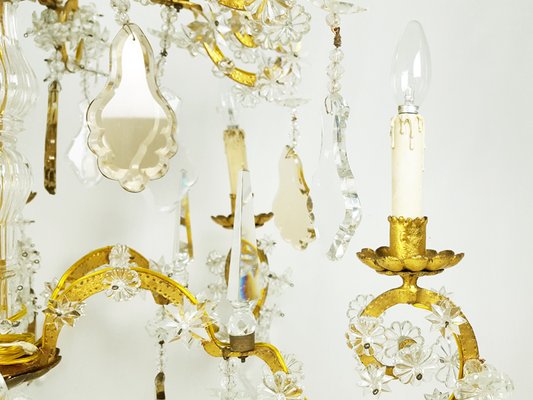 Large Italian Gold Leaf Metal and Faceted Crystal 12-Light Chandelier, 1930s-RD-1718048