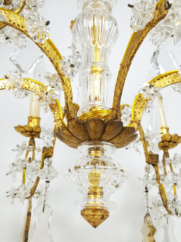 Large Italian Gold Leaf Metal and Faceted Crystal 12-Light Chandelier, 1930s