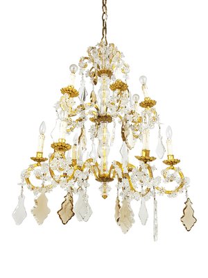 Large Italian Gold Leaf Metal and Faceted Crystal 12-Light Chandelier, 1930s-RD-1718048