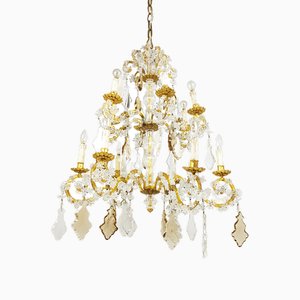 Large Italian Gold Leaf Metal and Faceted Crystal 12-Light Chandelier, 1930s-RD-1718048