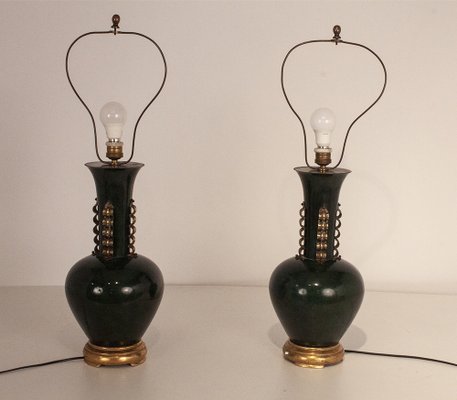 Large Italian Metal and Brass Table Lamps in the Style of Gio Ponti, Set of 2-KT-1233769