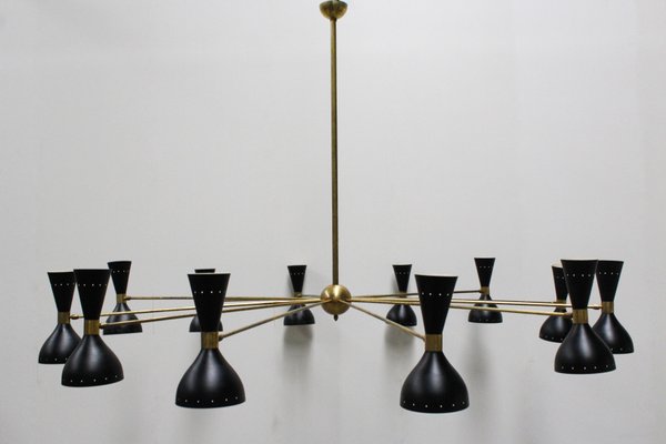 Large Italian Minimalist Brass Chandeliers in the Style of Stilnovo, 1950s, Set of 2-WIP-671308