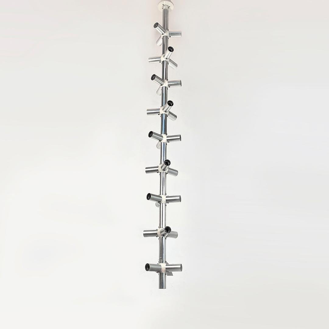 Large Italian Modern Satin Steel and Plastic Vertical Chandelier with 28 Lights, 1970s