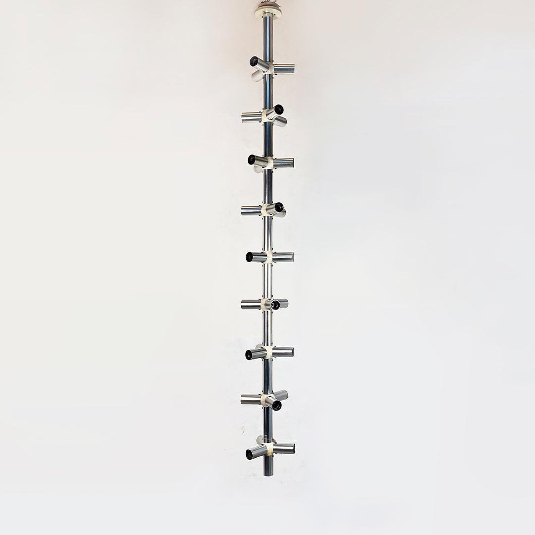 Large Italian Modern Satin Steel and Plastic Vertical Chandelier with 28 Lights, 1970s