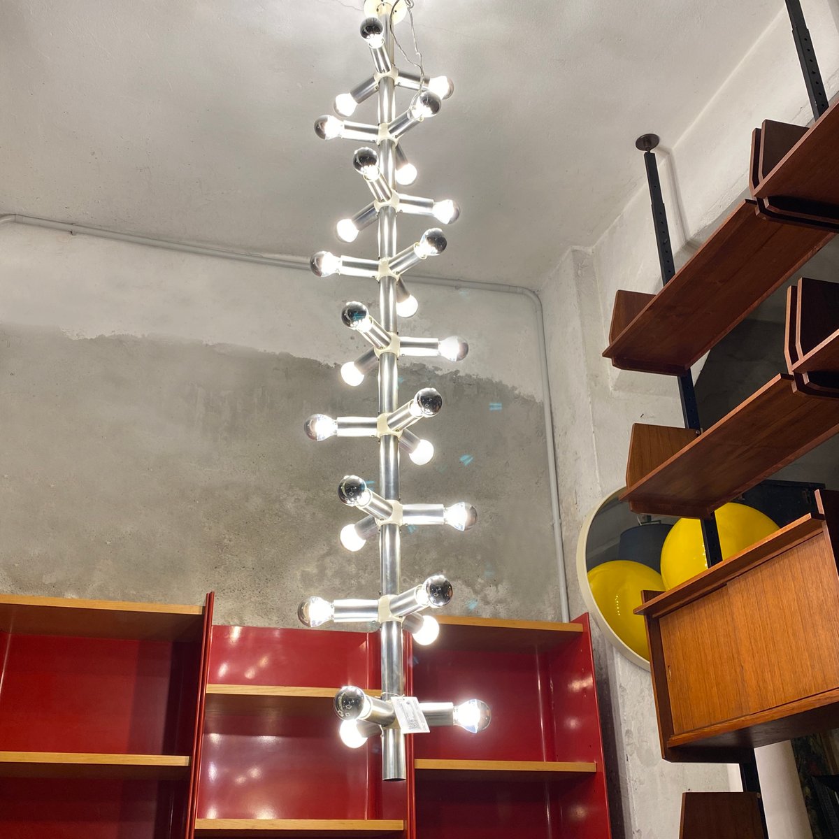 Large Italian Modern Satin Steel and Plastic Vertical Chandelier with 28 Lights, 1970s