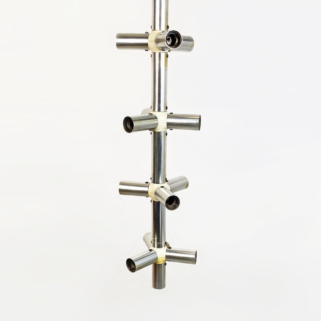 Large Italian Modern Satin Steel and Plastic Vertical Chandelier with 28 Lights, 1970s