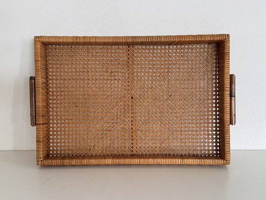 Large Italian Organic Serving Tray in Natural Rattan and Wood, 1970s-VNE-2042943