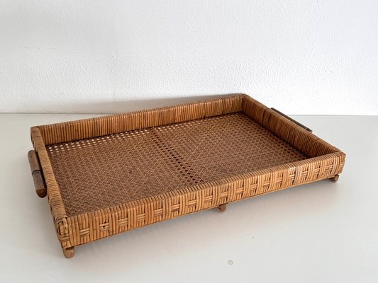 Large Italian Organic Serving Tray in Natural Rattan and Wood, 1970s-VNE-2042943