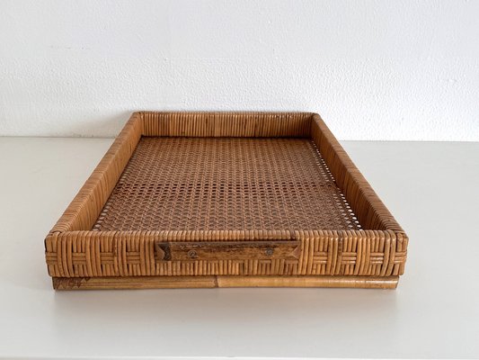 Large Italian Organic Serving Tray in Natural Rattan and Wood, 1970s-VNE-2042943