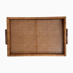 Large Italian Organic Serving Tray in Natural Rattan and Wood, 1970s-VNE-2042943