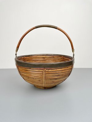 Large Italian Rattan & Brass Basket, 1970s-LYQ-1171369