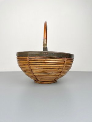 Large Italian Rattan & Brass Basket, 1970s-LYQ-1171369