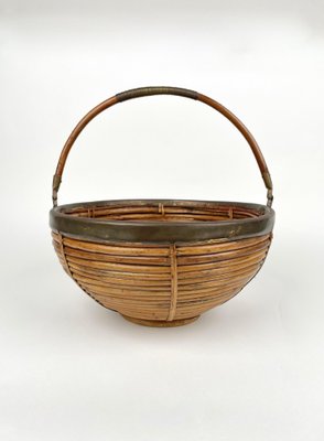 Large Italian Rattan & Brass Basket, 1970s-LYQ-1171369