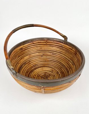 Large Italian Rattan & Brass Basket, 1970s-LYQ-1171369