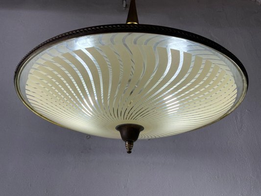 Large Italian Ufo Design Brass Body & Printed Glass Ceiling Lamp from Fontana Arte, 1950s-RDS-1147845