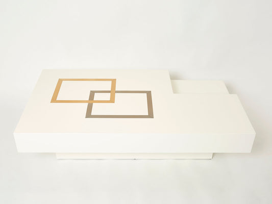 Large Italian White Lacquer Brass Steel Coffee Table by Antonio Pavia, 1970s