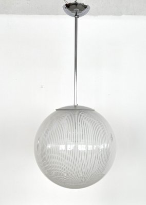 Large Italian White Striped Murano Glass Globe Pendant Light, 1970s-VNE-1758685