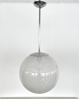 Large Italian White Striped Murano Glass Globe Pendant Light, 1970s-VNE-1758685