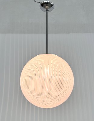 Large Italian White Striped Murano Glass Globe Pendant Light, 1970s-VNE-1758685