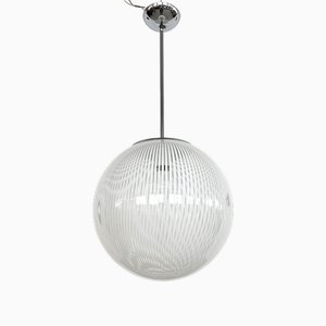 Large Italian White Striped Murano Glass Globe Pendant Light, 1970s-VNE-1758685