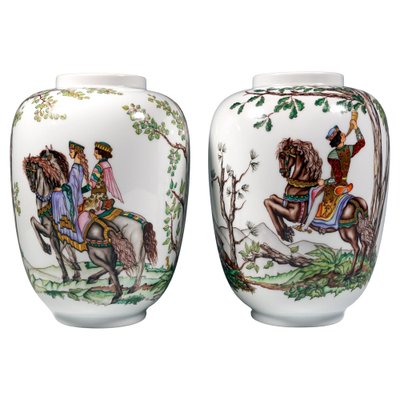 Large Lampion Vases with Falcon Hunt Decor from Augarten, Vienna, Austria, 1950s, Set of 2-EMT-1812083