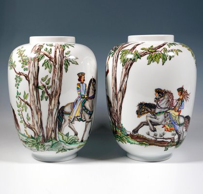 Large Lampion Vases with Falcon Hunt Decor from Augarten, Vienna, Austria, 1950s, Set of 2-EMT-1812083