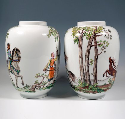 Large Lampion Vases with Falcon Hunt Decor from Augarten, Vienna, Austria, 1950s, Set of 2-EMT-1812083