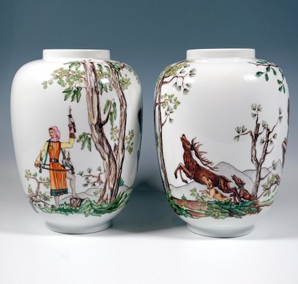 Large Lampion Vases with Falcon Hunt Decor from Augarten, Vienna, Austria, 1950s, Set of 2-EMT-1812083