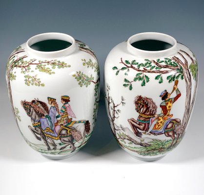 Large Lampion Vases with Falcon Hunt Decor from Augarten, Vienna, Austria, 1950s, Set of 2-EMT-1812083