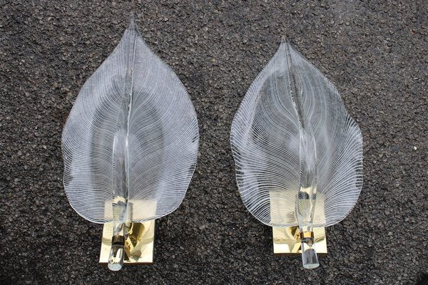 Large Leaf Wall Lamps in Murano Glass & Brass from Franco Luce, Italy, 1970s, Set of 2-EH-1728988