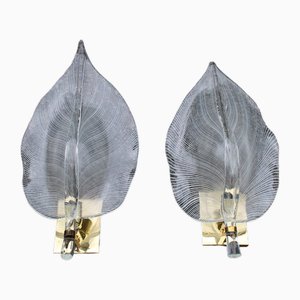 Large Leaf Wall Lamps in Murano Glass & Brass from Franco Luce, Italy, 1970s, Set of 2-EH-1728988