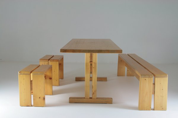 Large Les Arcs Table, Bench and 2 Stools attributed to Charlotte Perriand, France, 1960s, Set of 4-OTV-1397609