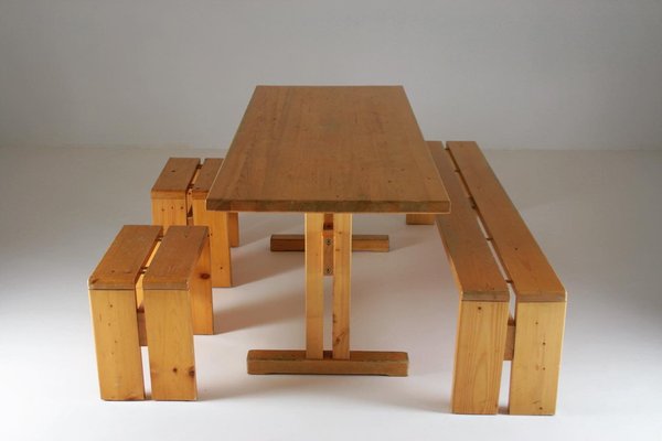 Large Les Arcs Table, Bench and 2 Stools attributed to Charlotte Perriand, France, 1960s, Set of 4-OTV-1397609