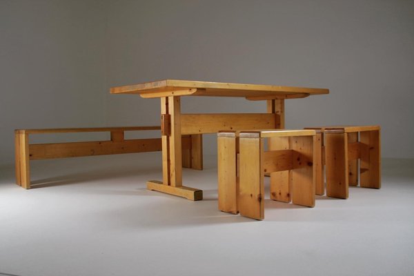 Large Les Arcs Table, Bench and 2 Stools attributed to Charlotte Perriand, France, 1960s, Set of 4-OTV-1397609