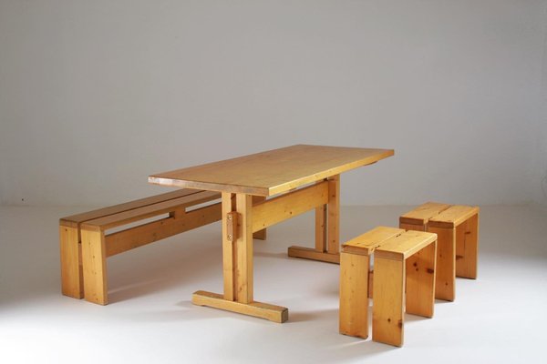 Large Les Arcs Table, Bench and 2 Stools attributed to Charlotte Perriand, France, 1960s, Set of 4-OTV-1397609